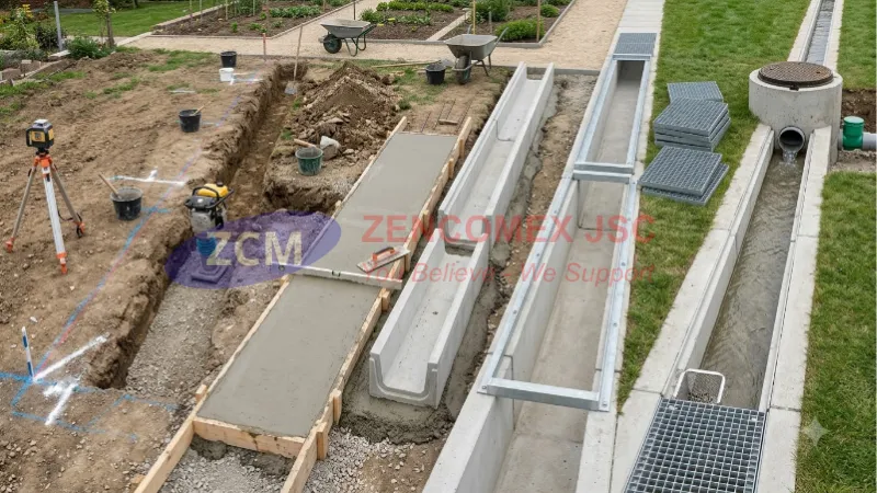 Quy trình định vị, tạo độ dốc, lắp khung nắp chữ U và thử nước rãnh thoát nước sân vườn_2
