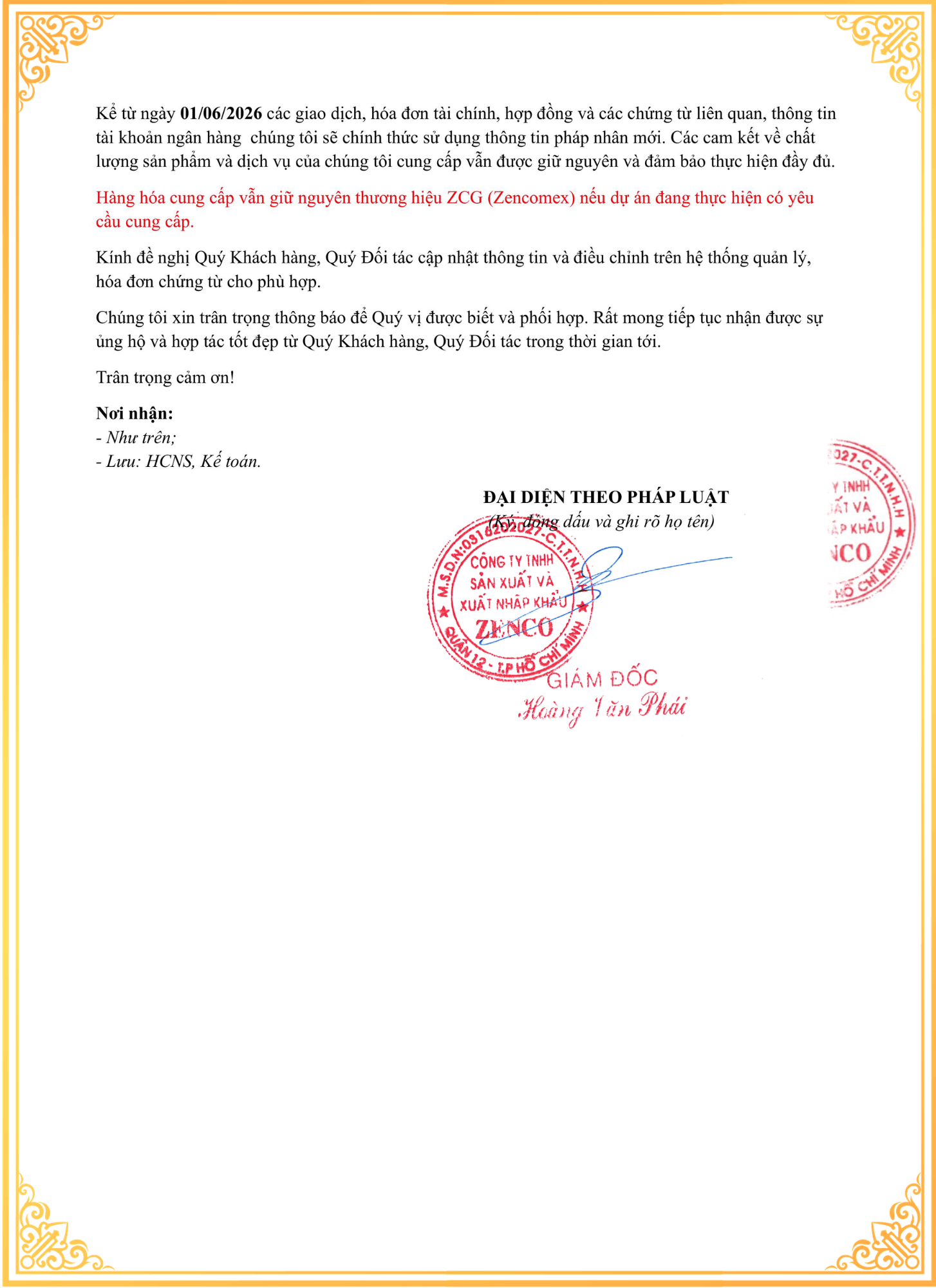 Giới Thiệu Zencomex – Hành Trình Tái Cấu Trúc Chiến Lược Mở Rộng Năng Lực Sản Xuất 10 Thông báo thay đổi pháp nhân Zencomex Trang 2