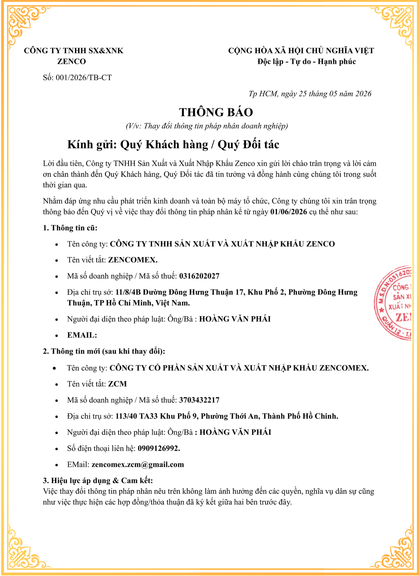 Giới Thiệu Zencomex – Hành Trình Tái Cấu Trúc Chiến Lược Mở Rộng Năng Lực Sản Xuất 9 Thông báo thay đổi pháp nhân Zencomex Trang 1